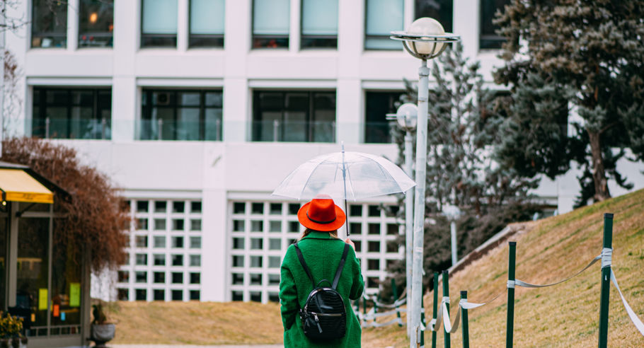 A person holding an umbrella walking a pathway